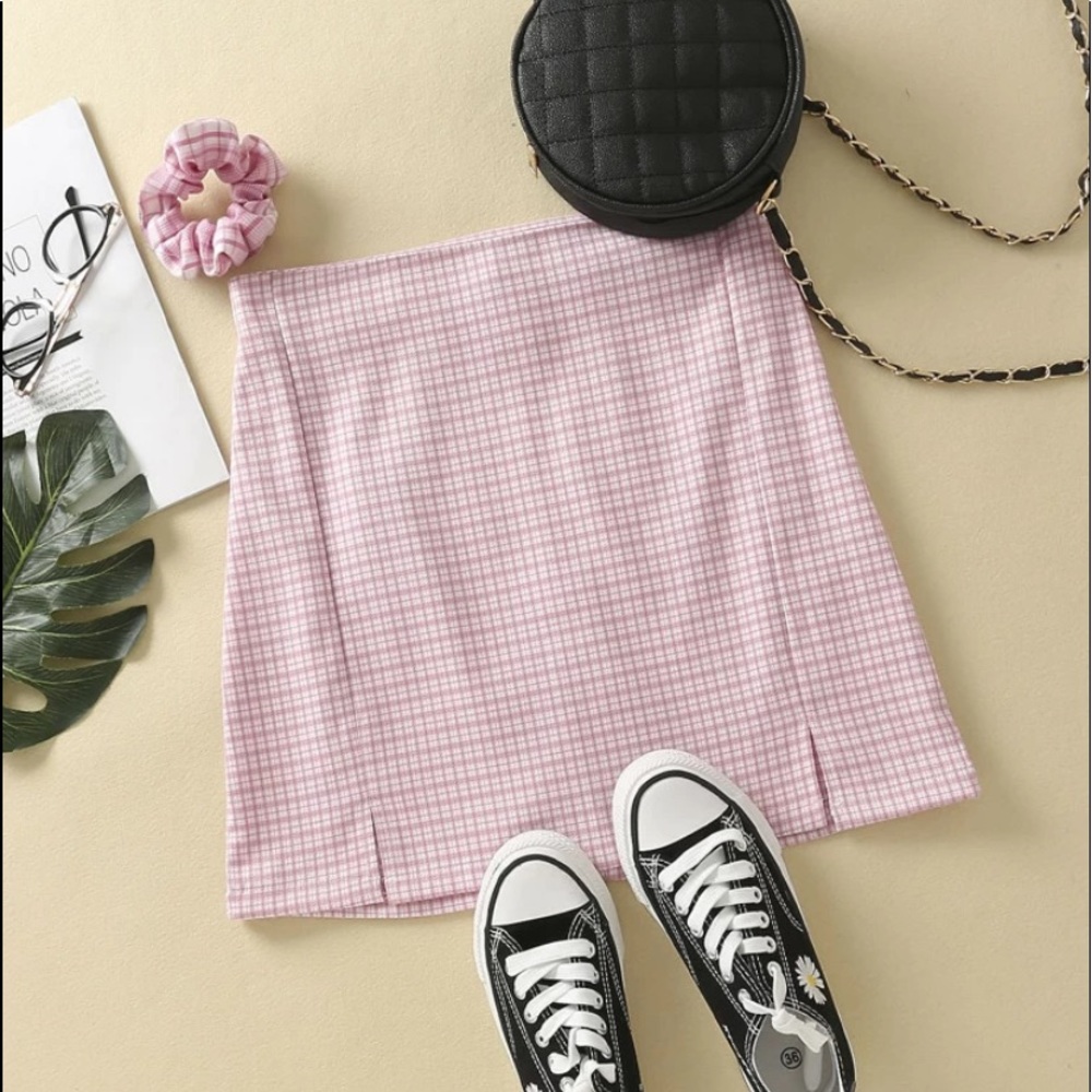 Pink Split Hem Plaid A-Line Skirt